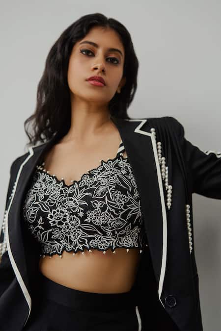 Shop Wabi Sabi By Anshum-Ritesh Black Cotton, Silk Embroidery, Pearls Linear Lilies Pattern Jacket Pant Set at Aza Fashions Shop_Wabi Sabi By Anshum-Ritesh_Black Cotton, Silk Embroidery, Pearls Linear Lilies Pattern Jacket Pant Set _at_Aza_Fashions
