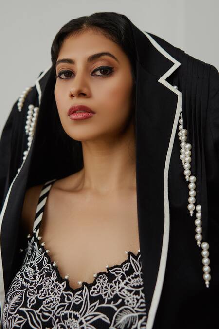 Shop Wabi Sabi By Anshum-Ritesh Black Cotton, Silk Embroidery, Pearls Linear Lilies Pattern Jacket Pant Set Online at Aza Fashions Shop_Wabi Sabi By Anshum-Ritesh_Black Cotton, Silk Embroidery, Pearls Linear Lilies Pattern Jacket Pant Set _Online_at_Aza_Fashions