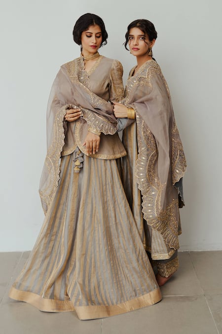 Shop Wabi Sabi By Anshum-Ritesh Grey Chanderi Embroidery, Diamonds V-neck Nargis Kaftan Set Online at Aza Fashions Shop_Wabi Sabi By Anshum-Ritesh_Grey Chanderi Embroidery, Diamonds V-neck Nargis Kaftan Set _Online_at_Aza_Fashions