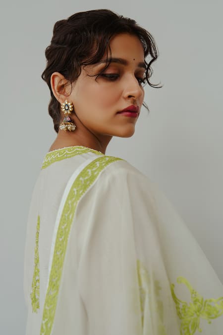 Shop Wabi Sabi By Anshum-Ritesh Ivory Chanderi Embroidery, Tassels Collared Titli Hand Kurta Sharara Set Online at Aza Fashions Shop_Wabi Sabi By Anshum-Ritesh_Ivory Chanderi Embroidery, Tassels Collared Titli Hand Kurta Sharara Set _Online_at_Aza_Fashions