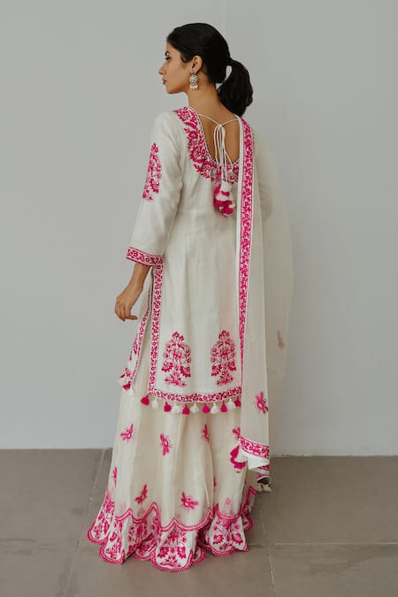 Shop Wabi Sabi By Anshum-Ritesh Ivory Chanderi Embroidery, Tassels Round Beaming Bee Hand Kurta Sharara Set at Aza Fashions Shop_Wabi Sabi By Anshum-Ritesh_Ivory Chanderi Embroidery, Tassels Round Beaming Bee Hand Kurta Sharara Set _at_Aza_Fashions