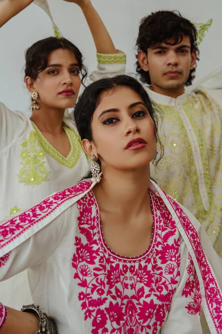 Wabi Sabi By Anshum-Ritesh Ivory Chanderi Embroidery, Tassels Round Beaming Bee Hand Kurta Sharara Set Online at Aza Fashions Wabi Sabi By Anshum-Ritesh_Ivory Chanderi Embroidery, Tassels Round Beaming Bee Hand Kurta Sharara Set _Online_at_Aza_Fashions