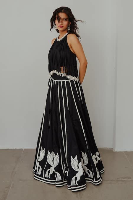 Shop Wabi Sabi By Anshum-Ritesh Black Cotton Satin, Cotton, The Unicorn Story Applique Embroidered Lehenga Set at Aza Fashions Shop_Wabi Sabi By Anshum-Ritesh_Black Cotton Satin, Cotton, The Unicorn Story Applique Embroidered Lehenga Set _at_Aza_Fashions
