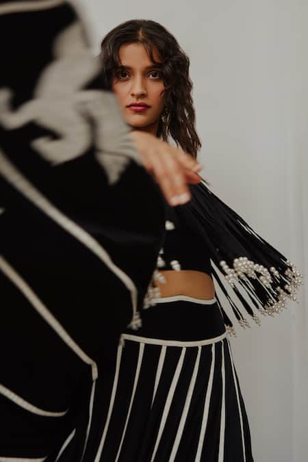 Wabi Sabi By Anshum-Ritesh Black Cotton Satin, Cotton, The Unicorn Story Applique Embroidered Lehenga Set Online at Aza Fashions Wabi Sabi By Anshum-Ritesh_Black Cotton Satin, Cotton, The Unicorn Story Applique Embroidered Lehenga Set _Online_at_Aza_Fashions