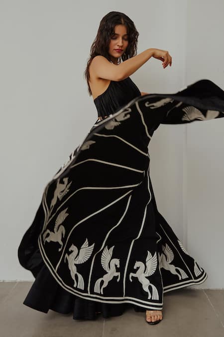 Buy Wabi Sabi By Anshum-Ritesh Black Cotton Satin, Cotton, The Unicorn Story Applique Embroidered Lehenga Set Online at Aza Fashions Buy_Wabi Sabi By Anshum-Ritesh_Black Cotton Satin, Cotton, The Unicorn Story Applique Embroidered Lehenga Set _Online_at_Aza_Fashions