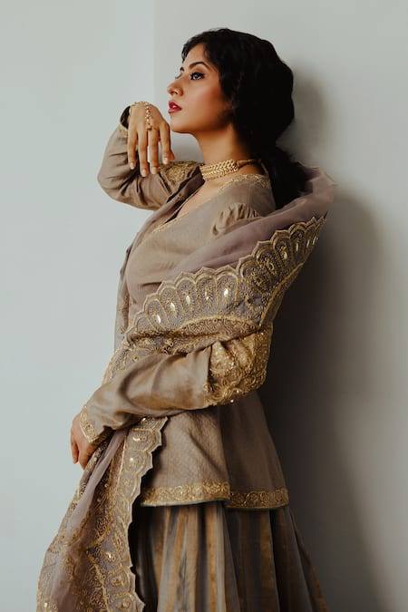 Shop Wabi Sabi By Anshum-Ritesh Grey Tissue Embroidery Asymmetric Noori Hand Lehenga Set Online at Aza Fashions Shop_Wabi Sabi By Anshum-Ritesh_Grey Tissue Embroidery Asymmetric Noori Hand Lehenga Set _Online_at_Aza_Fashions