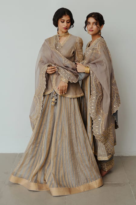 Wabi Sabi By Anshum-Ritesh Grey Tissue Embroidery Asymmetric Noori Hand Lehenga Set at Aza Fashions Wabi Sabi By Anshum-Ritesh_Grey Tissue Embroidery Asymmetric Noori Hand Lehenga Set _at_Aza_Fashions