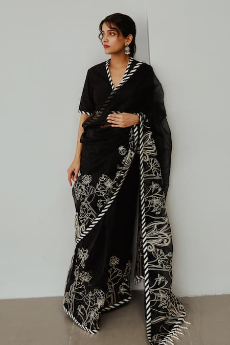 Wabi Sabi By Anshum-Ritesh Black Organza Tassels, Embroidery V-neck Lotus Pond Saree With Blouse