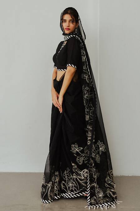 Buy Wabi Sabi By Anshum-Ritesh Black Organza Tassels, Embroidery V-neck Lotus Pond Saree With Blouse Online at Aza Fashions Buy_Wabi Sabi By Anshum-Ritesh_Black Organza Tassels, Embroidery V-neck Lotus Pond Saree With Blouse _Online_at_Aza_Fashions