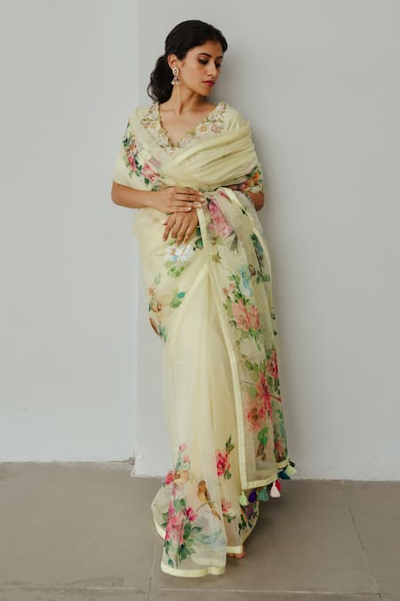 WABI SABI BY ANSHUM-RITESH Valley Of Flowers Hand Painted Saree With Blouse 