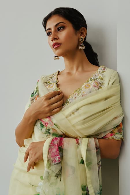 Wabi Sabi By Anshum-Ritesh_Yellow Organza Embroidery Valley Of Flowers Hand Painted Saree With Blouse _Online_at_Aza_Fashions