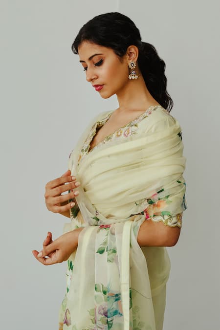 Buy_Wabi Sabi By Anshum-Ritesh_Yellow Organza Embroidery Valley Of Flowers Hand Painted Saree With Blouse _Online_at_Aza_Fashions