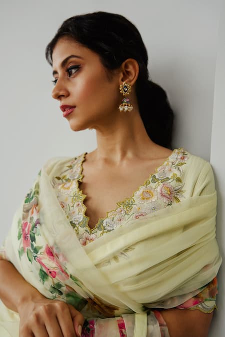 Shop_Wabi Sabi By Anshum-Ritesh_Yellow Organza Embroidery Valley Of Flowers Hand Painted Saree With Blouse _Online_at_Aza_Fashions