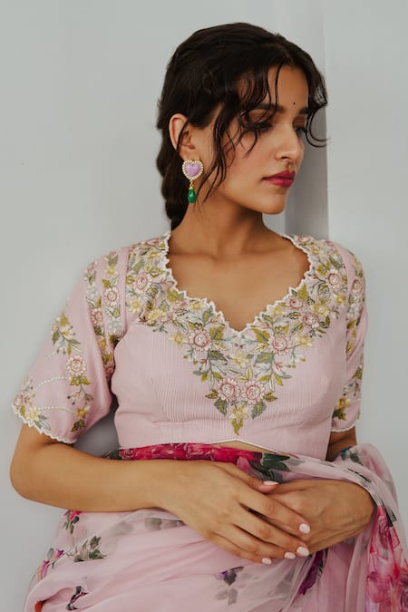 Wabi Sabi By Anshum-Ritesh_Pink Organza Embroidery Floral Ecstasy Hand Painted Saree With Blouse _Online_at_Aza_Fashions