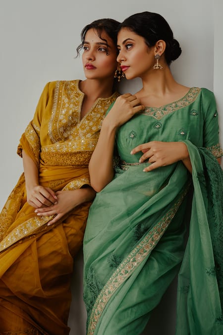 Buy Wabi Sabi By Anshum-Ritesh Yellow Organza Embroidery Split V-neck Basanti Hand Saree With Blouse Online at Aza Fashions Buy_Wabi Sabi By Anshum-Ritesh_Yellow Organza Embroidery Split V-neck Basanti Hand Saree With Blouse _Online_at_Aza_Fashions