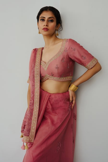 Buy_Wabi Sabi By Anshum-Ritesh_Pink Organza Embroidery Sada Bahar Hand Saree With Blouse _Online_at_Aza_Fashions
