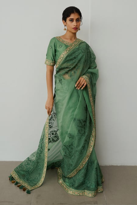 Wabi Sabi By Anshum-Ritesh Green Organza Embroidery Round Neck Betel Leaf Hand Saree With Blouse