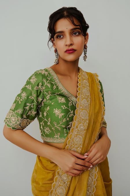 Shop Wabi Sabi By Anshum-Ritesh Yellow Chanderi Embroidery Round Neck Genda Hand Saree With Blouse at Aza Fashions Shop_Wabi Sabi By Anshum-Ritesh_Yellow Chanderi Embroidery Round Neck Genda Hand Saree With Blouse _at_Aza_Fashions