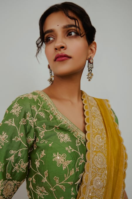 Wabi Sabi By Anshum-Ritesh Yellow Chanderi Embroidery Round Neck Genda Hand Saree With Blouse Online at Aza Fashions Wabi Sabi By Anshum-Ritesh_Yellow Chanderi Embroidery Round Neck Genda Hand Saree With Blouse _Online_at_Aza_Fashions