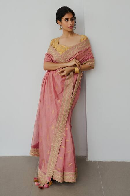Shop Wabi Sabi By Anshum-Ritesh Pink Chanderi Embroidery Sweetheart Neck Anchovies Hand Saree With Blouse at Aza Fashions Shop_Wabi Sabi By Anshum-Ritesh_Pink Chanderi Embroidery Sweetheart Neck Anchovies Hand Saree With Blouse _at_Aza_Fashions