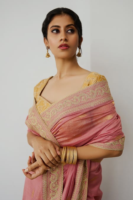 Wabi Sabi By Anshum-Ritesh Pink Chanderi Embroidery Sweetheart Neck Anchovies Hand Saree With Blouse Online at Aza Fashions Wabi Sabi By Anshum-Ritesh_Pink Chanderi Embroidery Sweetheart Neck Anchovies Hand Saree With Blouse _Online_at_Aza_Fashions