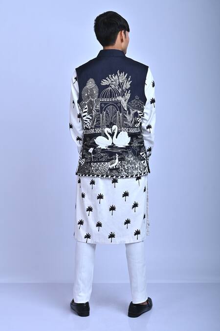 Shop Mirkashi Black Silk, Cotton Satin, Cotton, Mughal Garden Embroidered Bundi Kurta Set at Aza Fashions Shop_Mirkashi_Black Silk, Cotton Satin, Cotton, Mughal Garden Embroidered Bundi Kurta Set_at_Aza_Fashions