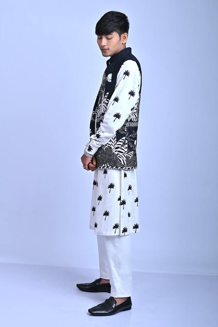 Mirkashi Black Silk, Cotton Satin, Cotton, Mughal Garden Embroidered Bundi Kurta Set Online at Aza Fashions Mirkashi_Black Silk, Cotton Satin, Cotton, Mughal Garden Embroidered Bundi Kurta Set_Online_at_Aza_Fashions