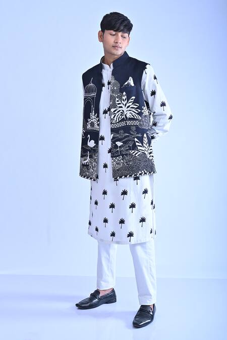 Buy Mirkashi Black Silk, Cotton Satin, Cotton, Mughal Garden Embroidered Bundi Kurta Set Online at Aza Fashions Buy_Mirkashi_Black Silk, Cotton Satin, Cotton, Mughal Garden Embroidered Bundi Kurta Set_Online_at_Aza_Fashions