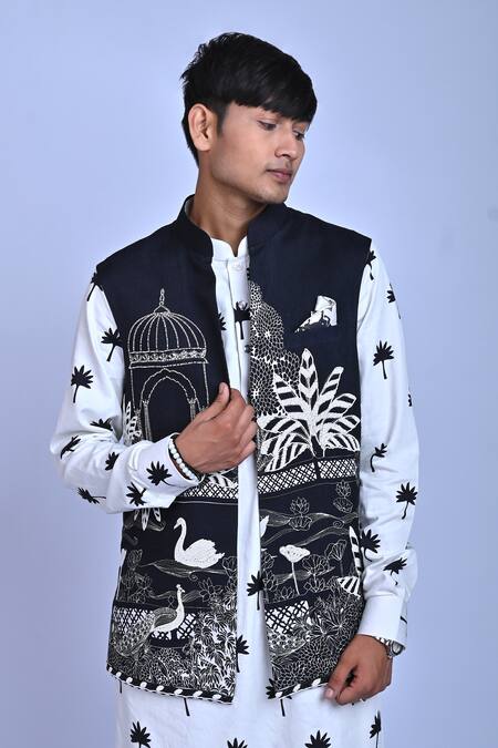 Shop Mirkashi Black Silk, Cotton Satin, Cotton, Mughal Garden Embroidered Bundi Kurta Set Online at Aza Fashions Shop_Mirkashi_Black Silk, Cotton Satin, Cotton, Mughal Garden Embroidered Bundi Kurta Set_Online_at_Aza_Fashions