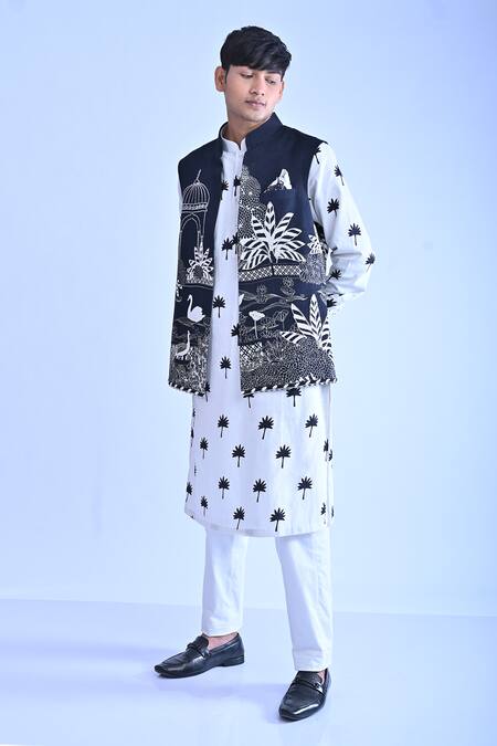 Mirkashi Black Silk, Cotton Satin, Cotton, Mughal Garden Embroidered Bundi Kurta Set at Aza Fashions Mirkashi_Black Silk, Cotton Satin, Cotton, Mughal Garden Embroidered Bundi Kurta Set_at_Aza_Fashions