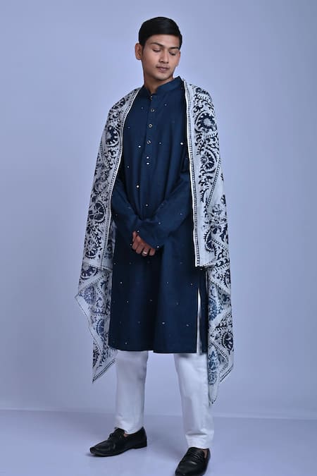 Mirkashi Blue Kurta Cotton Satin Embroidery Mirror And Resham Set With Dupatta 