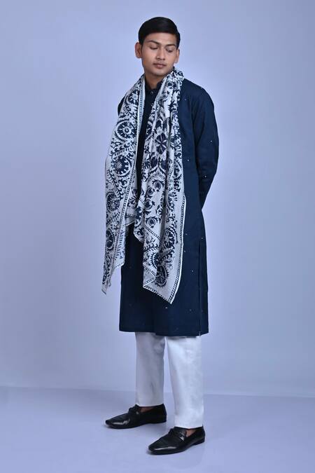 Mirkashi Blue Cotton Satin, Chanderi Embroidery, Mirrors Work Kurta Set With Dupatta Online at Aza Fashions Mirkashi_Blue Cotton Satin, Chanderi Embroidery, Mirrors Work Kurta Set With Dupatta_Online_at_Aza_Fashions