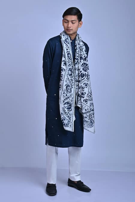 Buy Mirkashi Blue Cotton Satin, Chanderi Embroidery, Mirrors Work Kurta Set With Dupatta Online at Aza Fashions Buy_Mirkashi_Blue Cotton Satin, Chanderi Embroidery, Mirrors Work Kurta Set With Dupatta_Online_at_Aza_Fashions