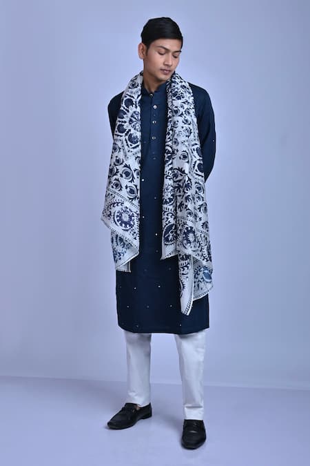 Shop Mirkashi Blue Cotton Satin, Chanderi Embroidery, Mirrors Work Kurta Set With Dupatta Online at Aza Fashions Shop_Mirkashi_Blue Cotton Satin, Chanderi Embroidery, Mirrors Work Kurta Set With Dupatta_Online_at_Aza_Fashions