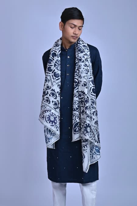 Mirkashi Blue Cotton Satin, Chanderi Embroidery, Mirrors Work Kurta Set With Dupatta at Aza Fashions Mirkashi_Blue Cotton Satin, Chanderi Embroidery, Mirrors Work Kurta Set With Dupatta_at_Aza_Fashions