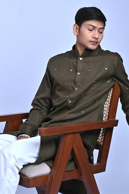 Mirkashi_Green Cotton Satin, Cotton, Lycra Embroidery Mirror Work Kurta Set_Online_at_Aza_Fashions