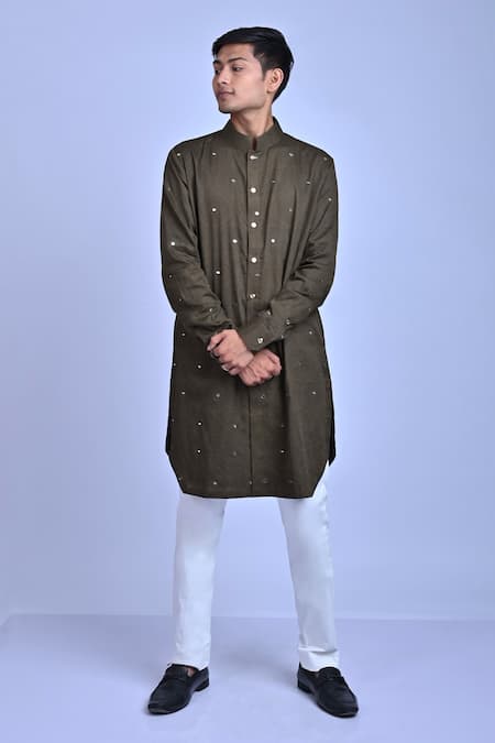 Shop_Mirkashi_Green Cotton Satin, Cotton, Lycra Embroidery Mirror Work Kurta Set_Online_at_Aza_Fashions