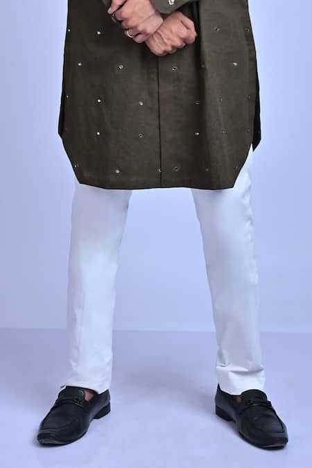 Mirkashi_Green Cotton Satin, Cotton, Lycra Embroidery Mirror Work Kurta Set_at_Aza_Fashions