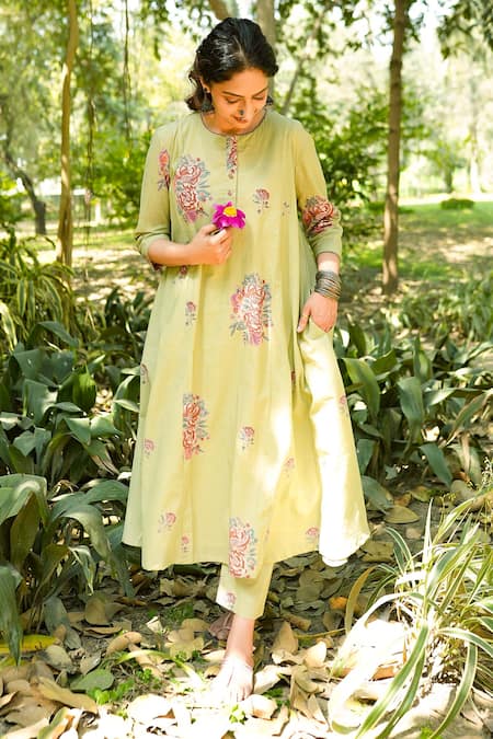 Shop TA’Assur Green Cotton Round Neck Botanical Print Anarkali And Trouser Set at Aza Fashions Shop_TA’Assur_Green Cotton Round Neck Botanical Print Anarkali And Trouser Set _at_Aza_Fashions