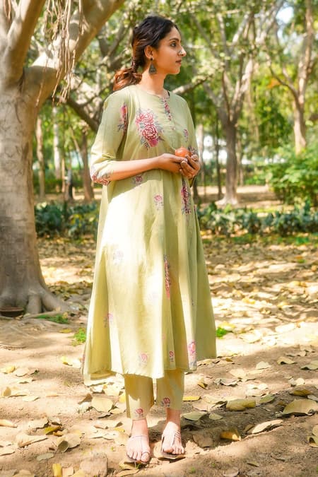 TA’Assur Green Cotton Round Neck Botanical Print Anarkali And Trouser Set Online at Aza Fashions TA’Assur_Green Cotton Round Neck Botanical Print Anarkali And Trouser Set _Online_at_Aza_Fashions