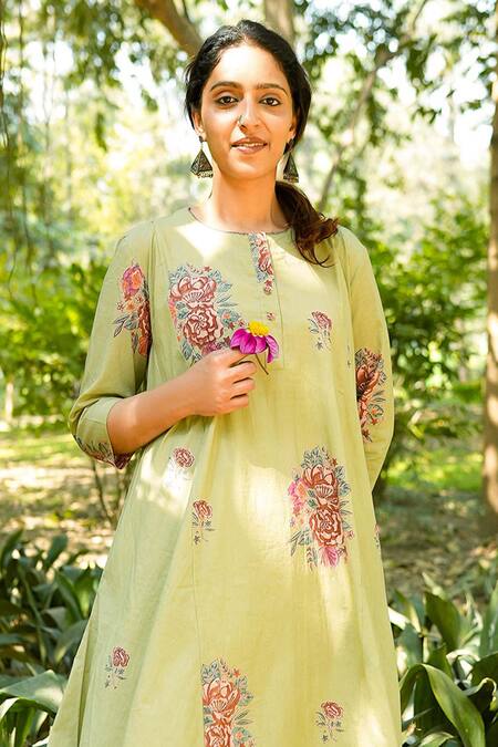 Shop TA’Assur Green Cotton Round Neck Botanical Print Anarkali And Trouser Set Online at Aza Fashions Shop_TA’Assur_Green Cotton Round Neck Botanical Print Anarkali And Trouser Set _Online_at_Aza_Fashions