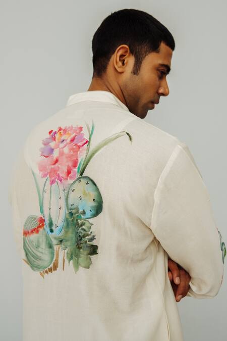 Wabi Sabi By Anshum-Ritesh_Ivory Chanderi, Cotton Desert Rose Hand Painted Kurta Set _Online_at_Aza_Fashions