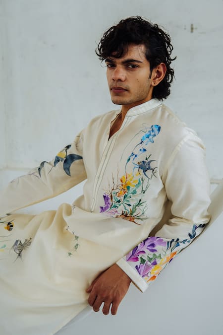 Wabi Sabi By Anshum-Ritesh_Ivory Chanderi Coral Reef Hand Painted Kurta Set _Online_at_Aza_Fashions