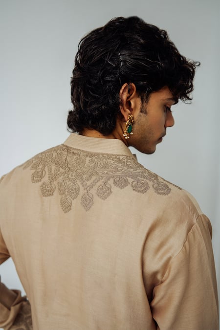 Shop Wabi Sabi By Anshum-Ritesh Beige Chanderi Embroidery Adams Garland Dori Work Kurta Set at Aza Fashions Shop_Wabi Sabi By Anshum-Ritesh_Beige Chanderi Embroidery Adams Garland Dori Work Kurta Set _at_Aza_Fashions