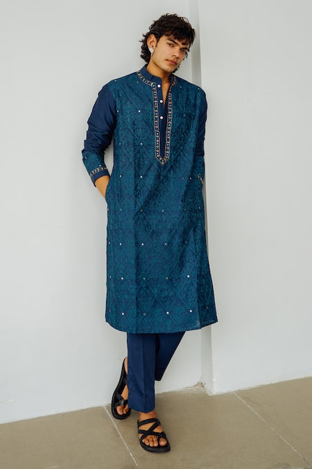 Wabi Sabi By Anshum-Ritesh Blue Chanderi Embroidery, Sequins Diamond Ogee Kurta Set