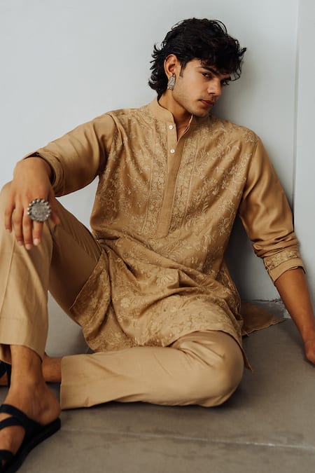 Shop Wabi Sabi By Anshum-Ritesh Gold Chanderi Embroidery Twine Kurta And Pant Set at Aza Fashions Shop_Wabi Sabi By Anshum-Ritesh_Gold Chanderi Embroidery Twine Kurta And Pant Set _at_Aza_Fashions