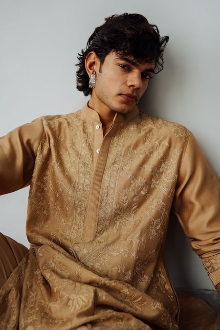Wabi Sabi By Anshum-Ritesh Gold Chanderi Embroidery Twine Kurta And Pant Set Online at Aza Fashions Wabi Sabi By Anshum-Ritesh_Gold Chanderi Embroidery Twine Kurta And Pant Set _Online_at_Aza_Fashions