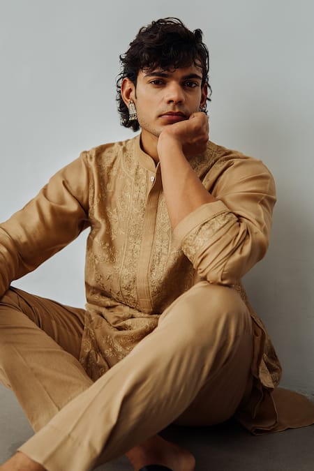 Buy Wabi Sabi By Anshum-Ritesh Gold Chanderi Embroidery Twine Kurta And Pant Set Online at Aza Fashions Buy_Wabi Sabi By Anshum-Ritesh_Gold Chanderi Embroidery Twine Kurta And Pant Set _Online_at_Aza_Fashions