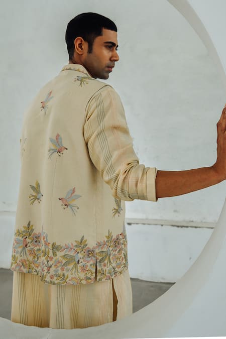 Shop Wabi Sabi By Anshum-Ritesh Beige Chanderi Embroidery Floral Resham Bundi And Kurta Set at Aza Fashions Shop_Wabi Sabi By Anshum-Ritesh_Beige Chanderi Embroidery Floral Resham Bundi And Kurta Set _at_Aza_Fashions