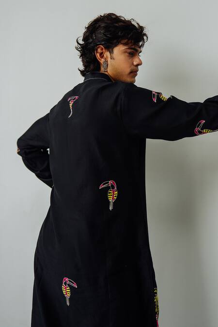 Shop Wabi Sabi By Anshum-Ritesh Black Chanderi Embroidery Tropical Trail Kurta And Pant Set at Aza Fashions Shop_Wabi Sabi By Anshum-Ritesh_Black Chanderi Embroidery Tropical Trail Kurta And Pant Set _at_Aza_Fashions